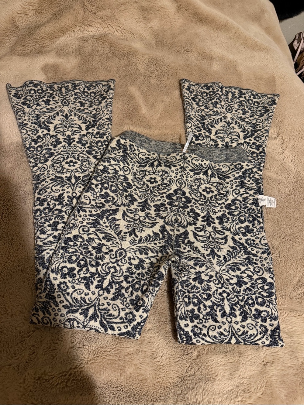 Free People Cream and Navy Damask Flare Knit Pants